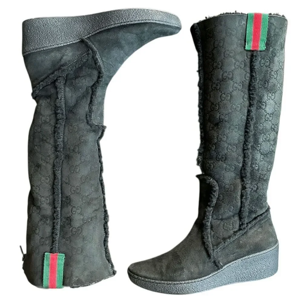 Gucci GG Monogram Web Black Suede Knee High Boots Size 7 Wedge Heel 14